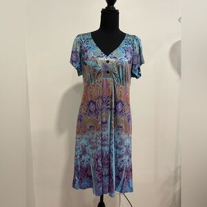 Colorful Paisley V-Neck Dress. Boho hippie Energe Large. Lightweight fabric